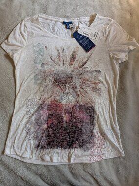 WOMEN'S NEW TOM TAILOR TOP L Large T Tee The World is Beautiful White